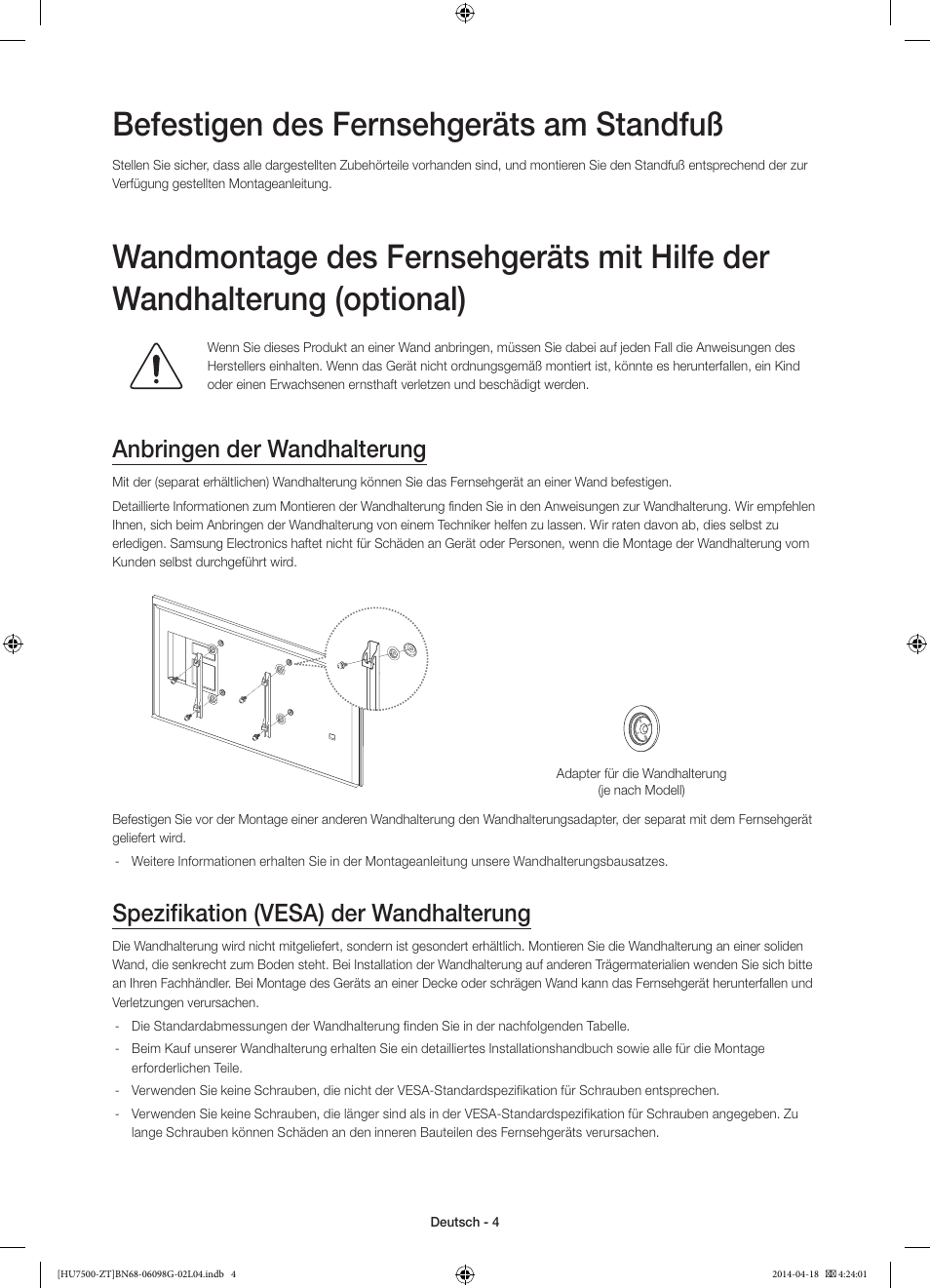 Befestigen des fernsehgeräts am standfuß, Anbringen der wandhalterung, Spezifikation (vesa) der wandhalterung | Samsung UE55HU7500Z User Manual | Page 52 / 73