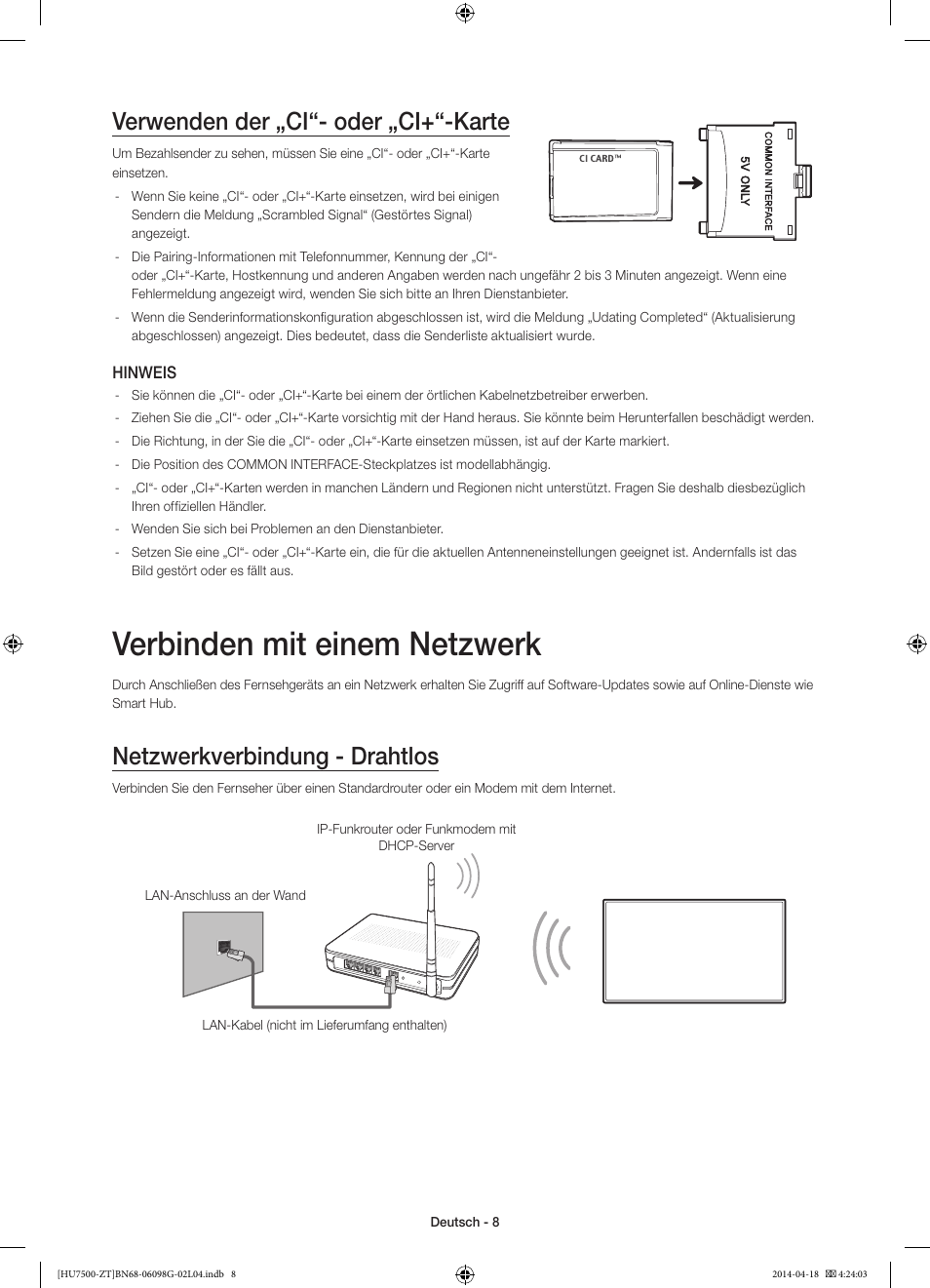 Verbinden mit einem netzwerk, Verwenden der „ci“- oder „ci+“-karte, Netzwerkverbindung - drahtlos | Samsung UE55HU7500Z User Manual | Page 56 / 73