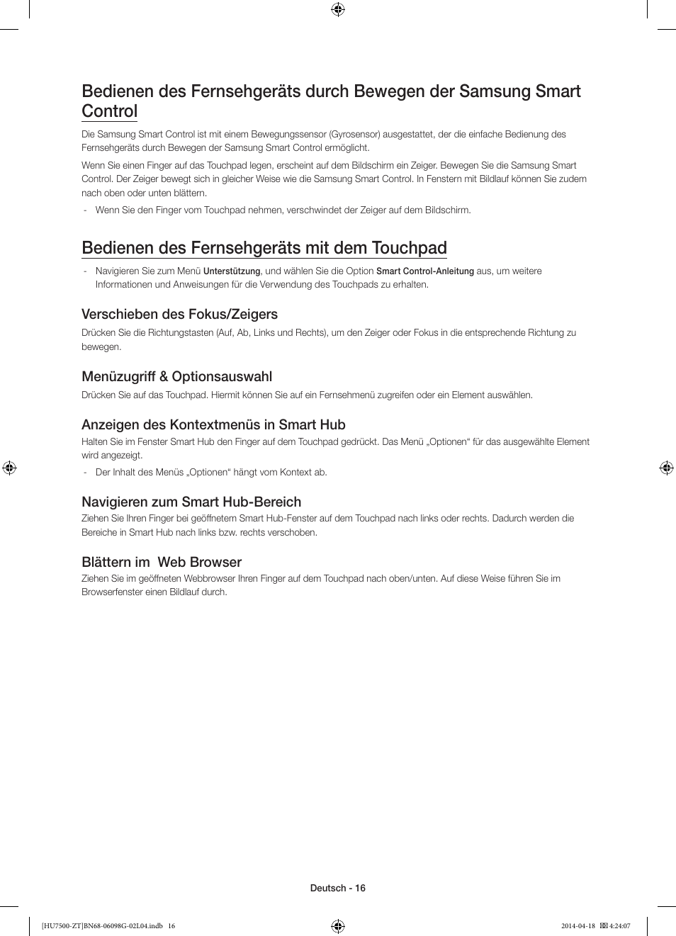 Bedienen des fernsehgeräts mit dem touchpad, Verschieben des fokus/zeigers, Menüzugriff & optionsauswahl | Anzeigen des kontextmenüs in smart hub, Navigieren zum smart hub-bereich, Blättern im web browser | Samsung UE55HU7500Z User Manual | Page 64 / 73