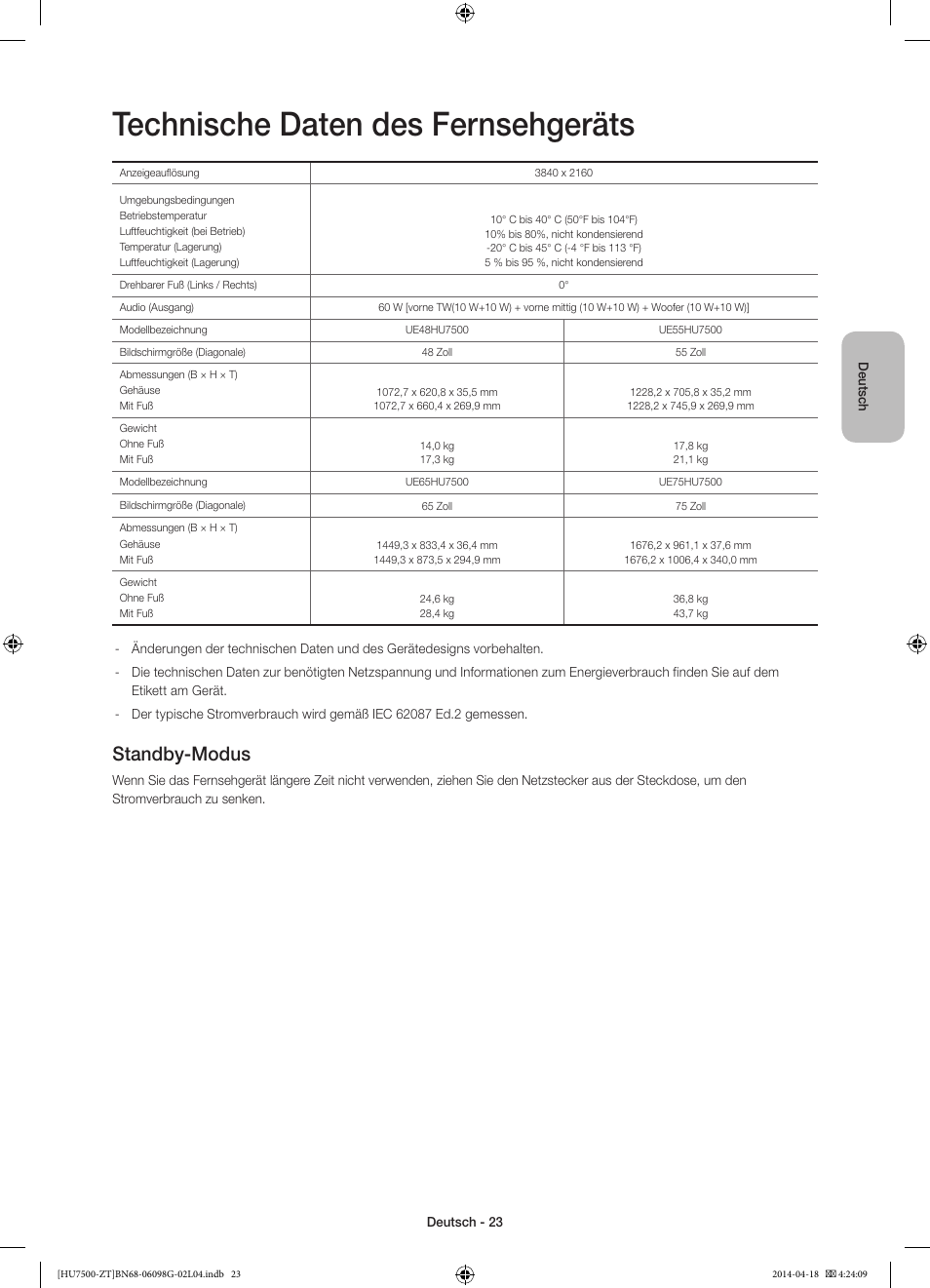 Technische daten des fernsehgeräts, Standby-modus | Samsung UE55HU7500Z User Manual | Page 71 / 73