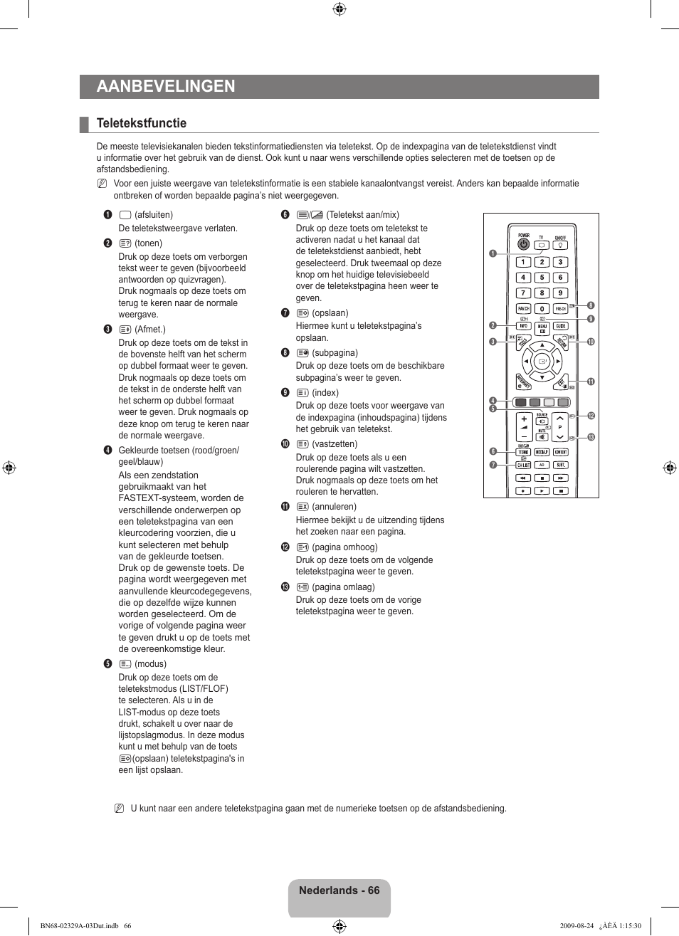 Aanbevelingen, Teletekstfunctie | Samsung UE40B7020WW User Manual | Page 308 / 704