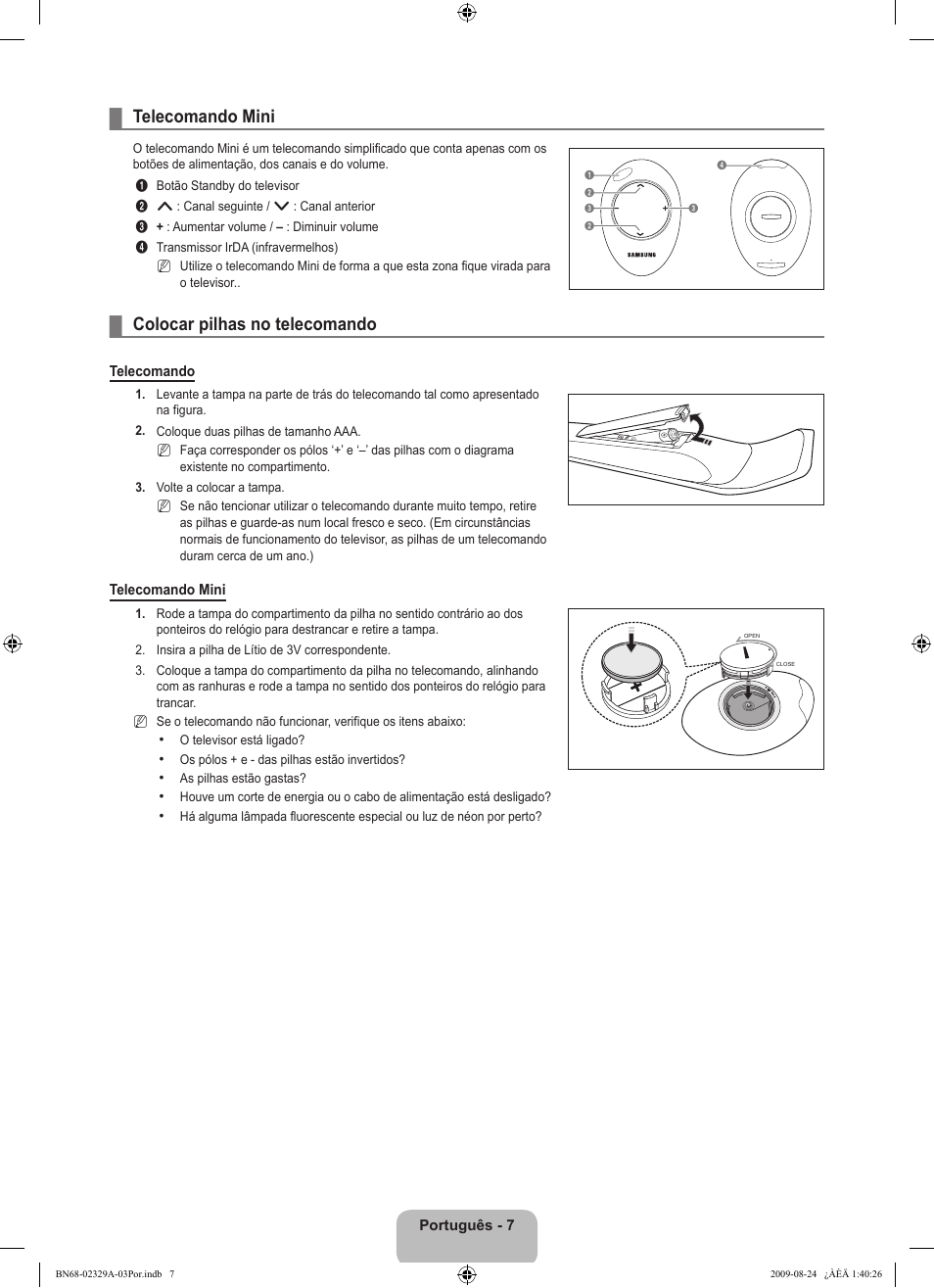 Operação, Telecomando mini, Colocar pilhas no telecomando | Samsung UE40B7020WW User Manual | Page 477 / 704