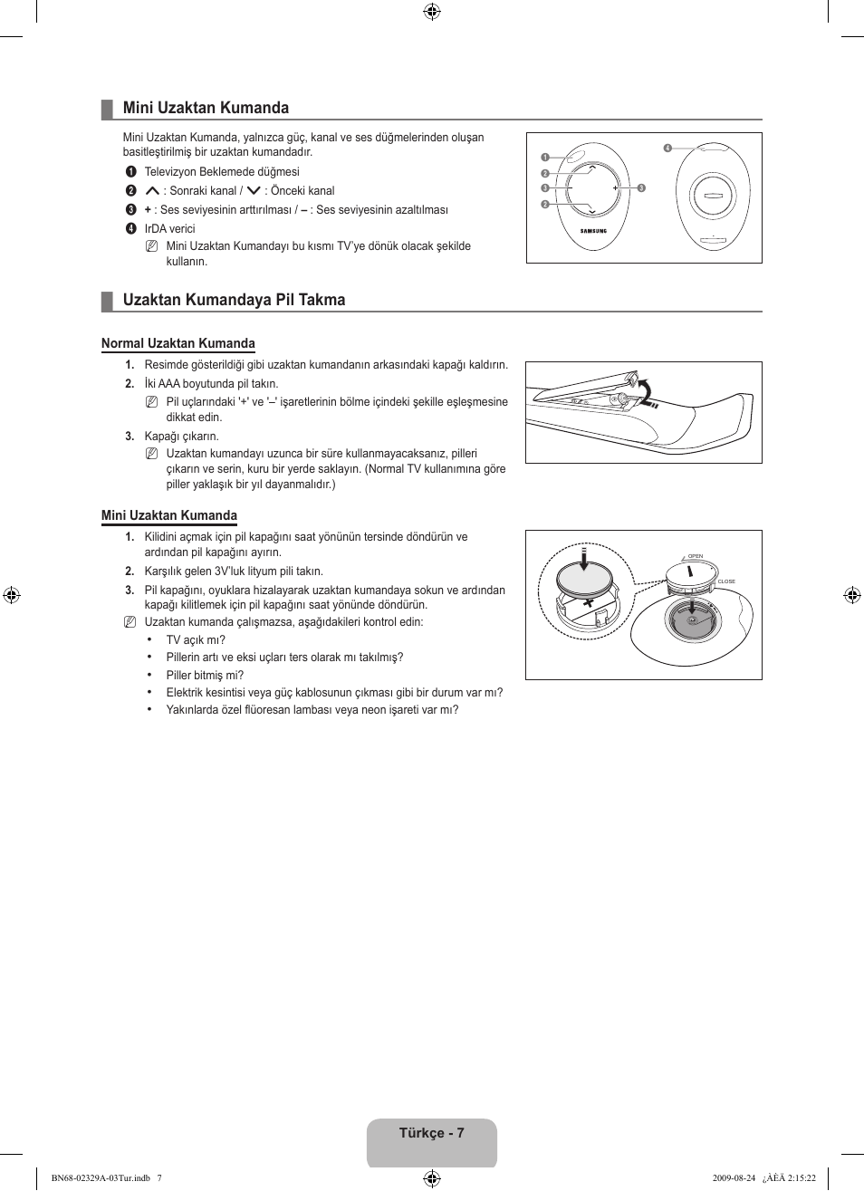 Çalıştırma, Mini uzaktan kumanda, Uzaktan kumandaya pil takma | Samsung UE40B7020WW User Manual | Page 629 / 704