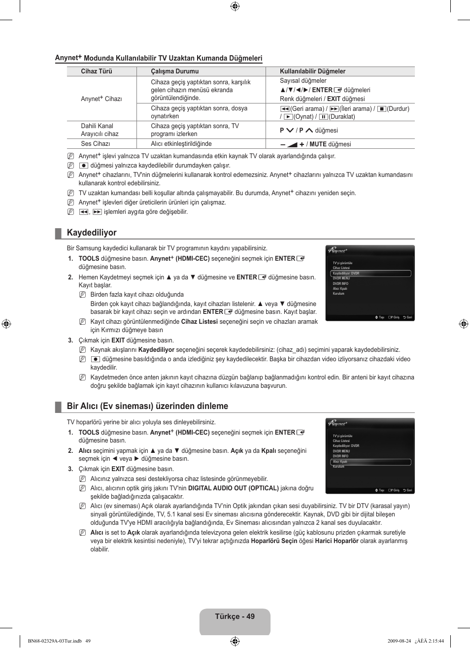 Kaydediliyor, Bir alıcı (ev sineması) üzerinden dinleme | Samsung UE40B7020WW User Manual | Page 671 / 704