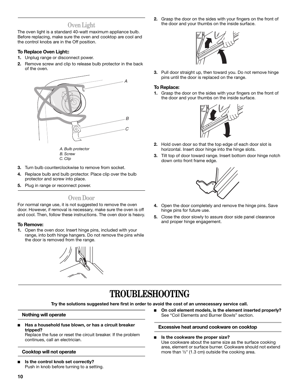 Troubleshooting, Oven light, Oven door | Amana W10181328B User Manual | Page 10 / 24