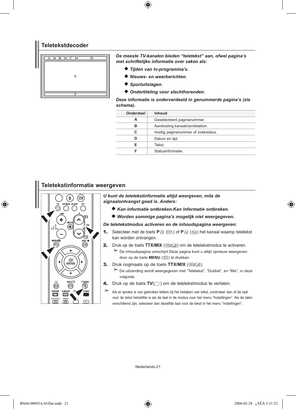 Teletekstdecoder, Teletekstinformatie weergeven | Samsung LE26R71B User Manual | Page 101 / 187