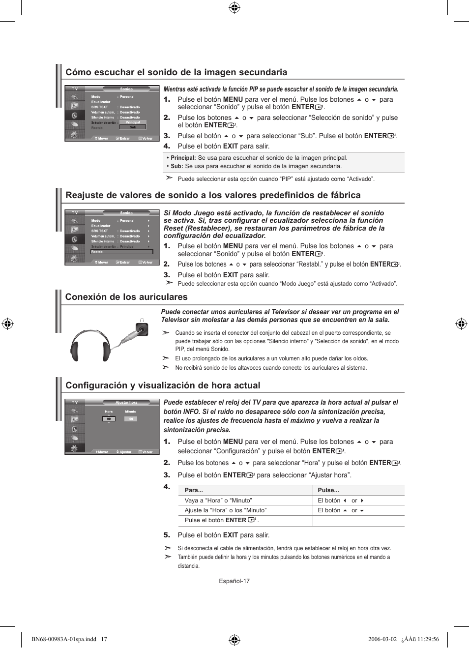 Cómo escuchar el sonido de la imagen secundaria, Conexión de los auriculares | Samsung LE26R71B User Manual | Page 123 / 187