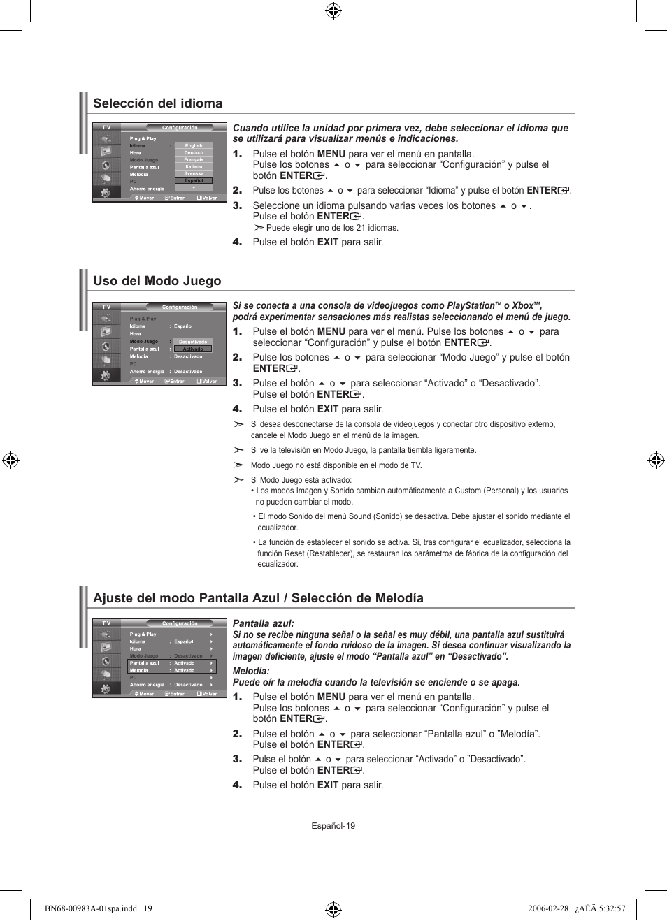 Selección del idioma, Uso del modo juego | Samsung LE26R71B User Manual | Page 125 / 187