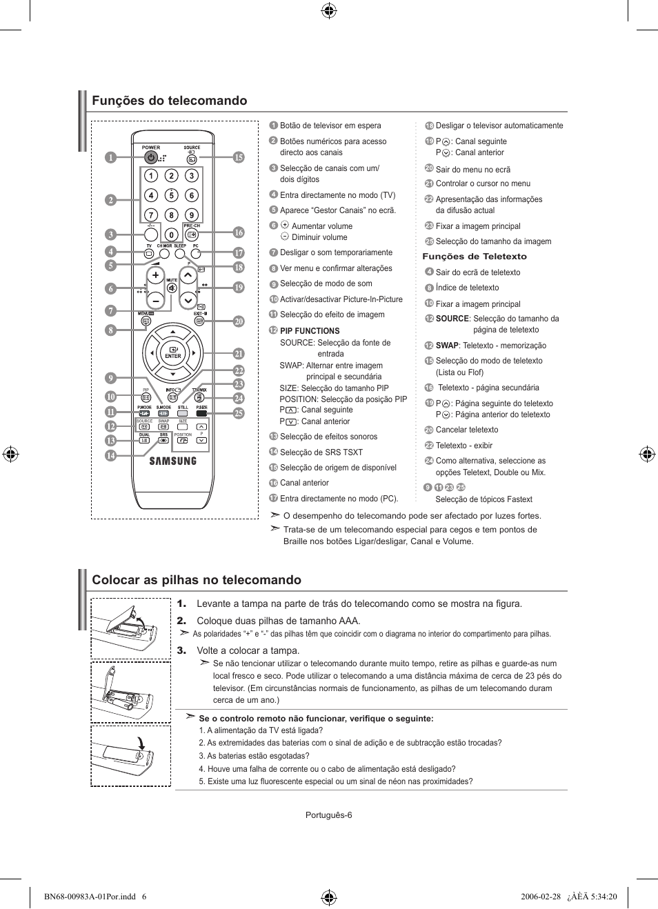 Colocar as pilhas no telecomando, Funções do telecomando | Samsung LE26R71B User Manual | Page 138 / 187