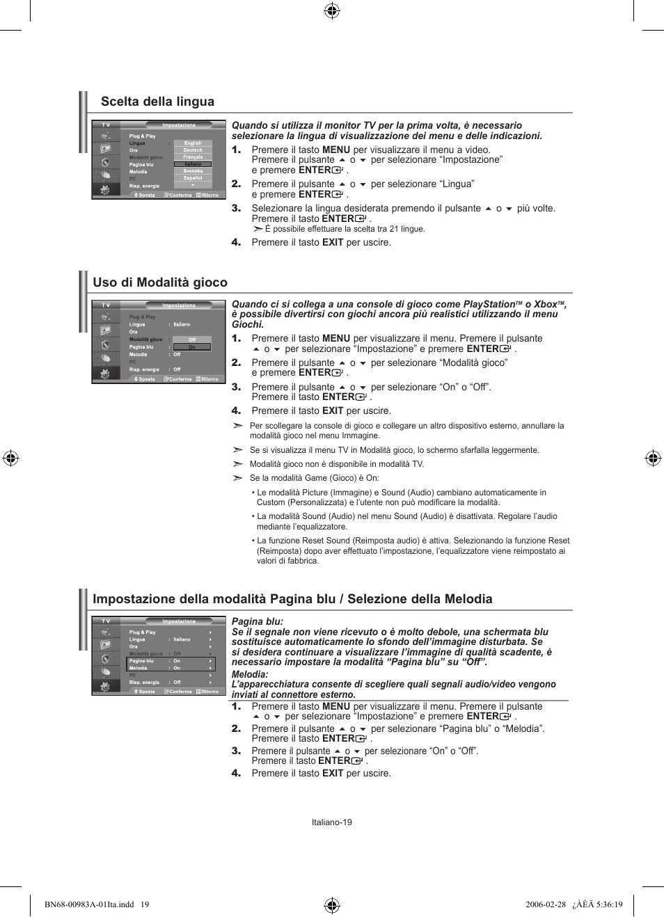 Scelta della lingua, Uso di modalità gioco | Samsung LE26R71B User Manual | Page 177 / 187