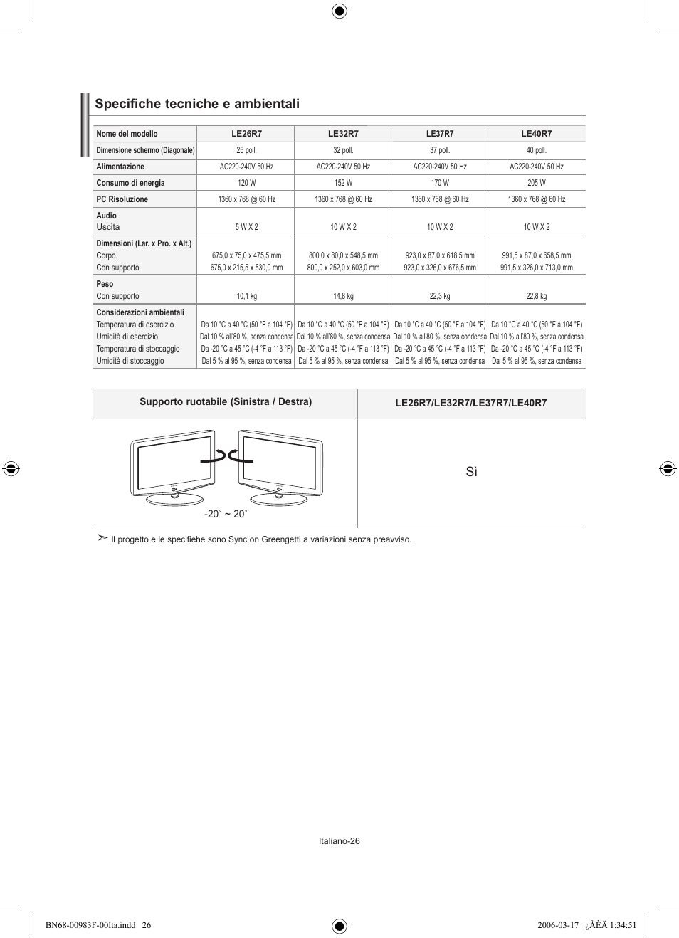 Specifiche tecniche e ambientali | Samsung LE26R71B User Manual | Page 184 / 187