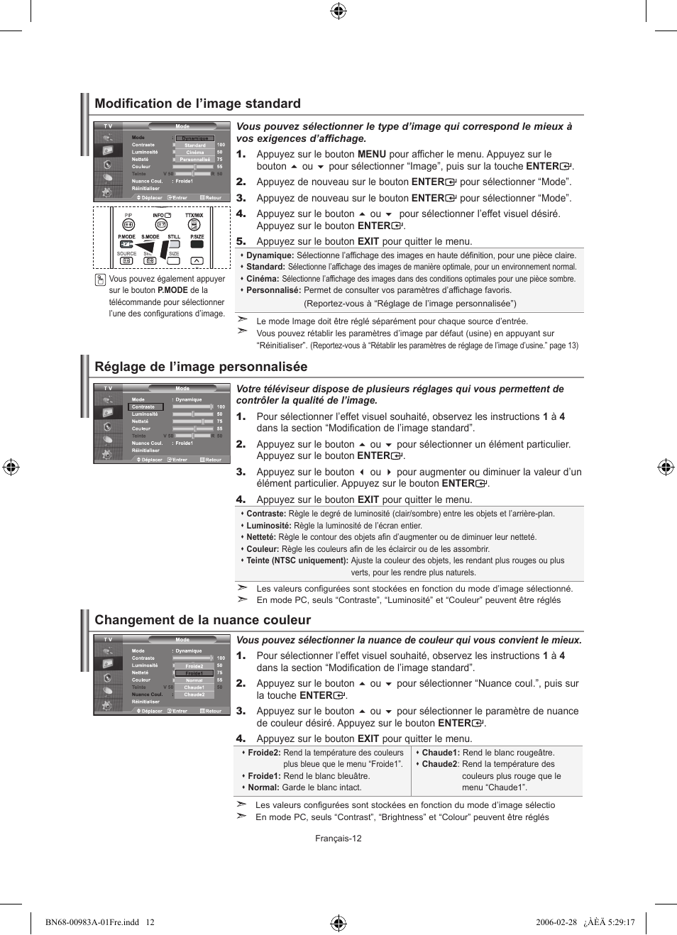 Modification de l’image standard, Réglage de l’image personnalisée, Changement de la nuance couleur | Samsung LE26R71B User Manual | Page 40 / 187