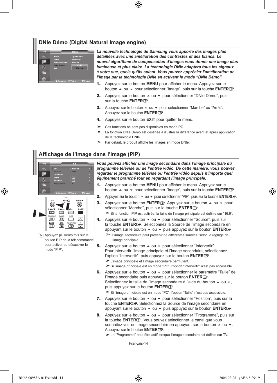 Dnle démo (digital natural image engine), Affichage de l’image dans l’image (pip) | Samsung LE26R71B User Manual | Page 42 / 187