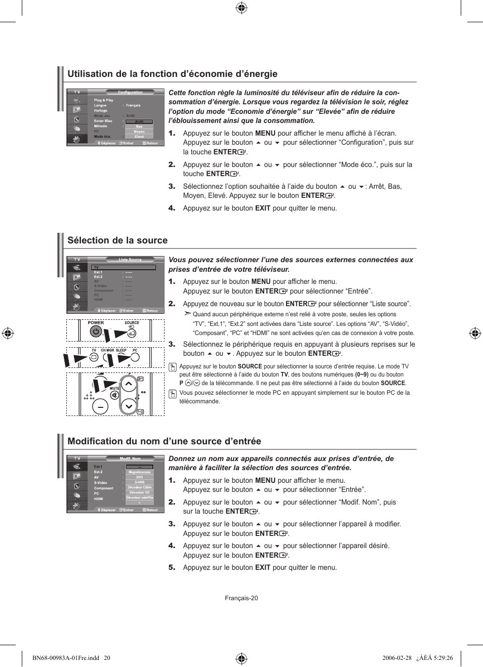 Utilisation de la fonction d’économie d’énergie, Sélection de la source, Modification du nom d’une source d’entrée | Samsung LE26R71B User Manual | Page 48 / 187