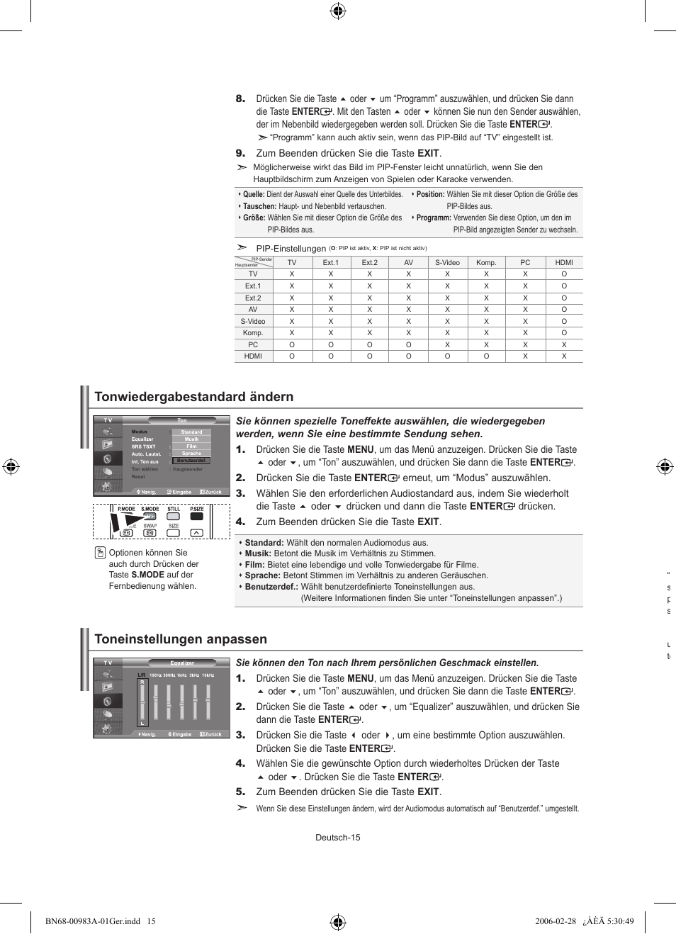 Tonwiedergabestandard ändern, Toneinstellungen anpassen | Samsung LE26R71B User Manual | Page 69 / 187