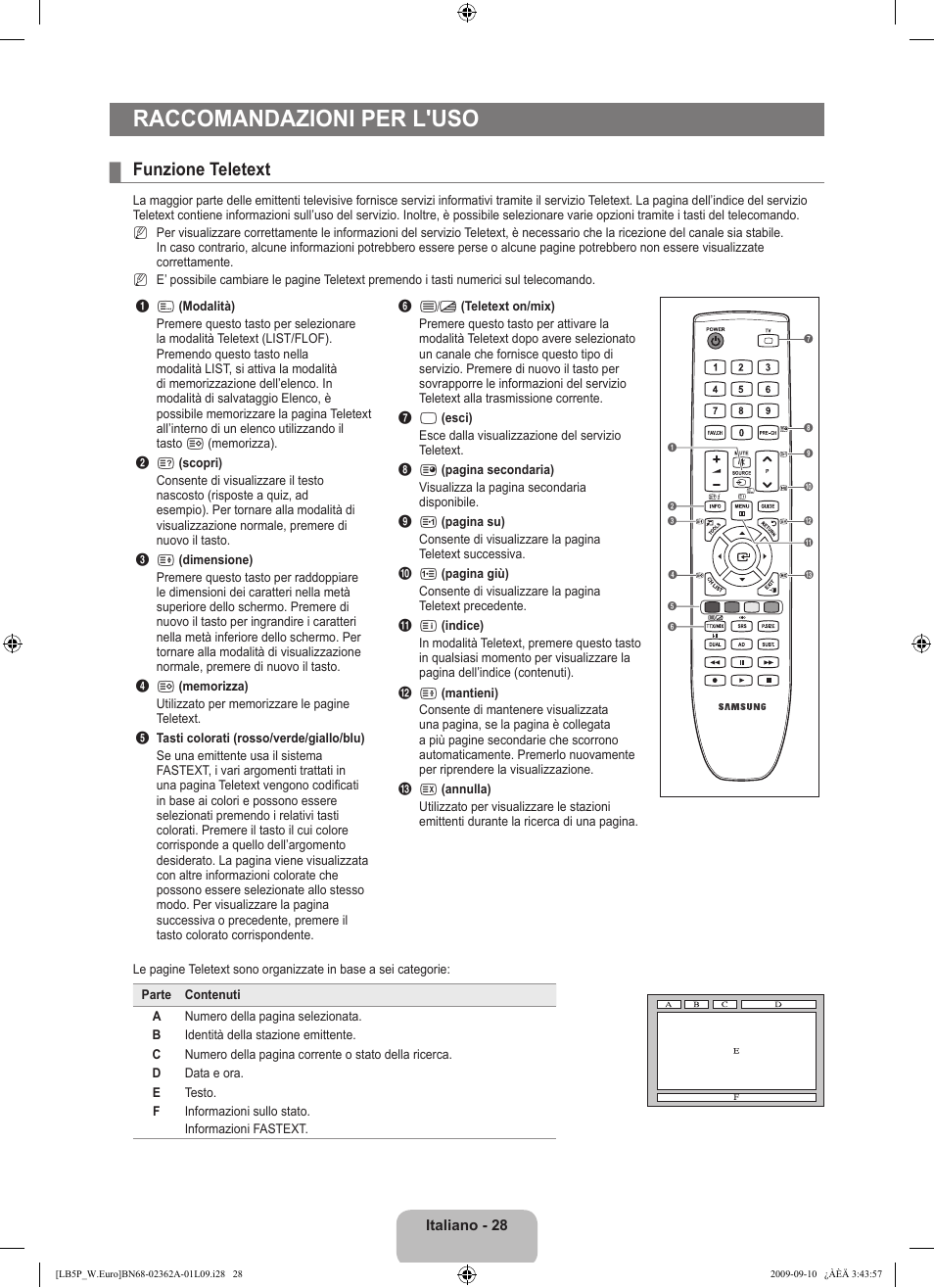 Raccomandazioni per l'uso, Funzione teletext | Samsung LE46B530P7W User Manual | Page 174 / 336