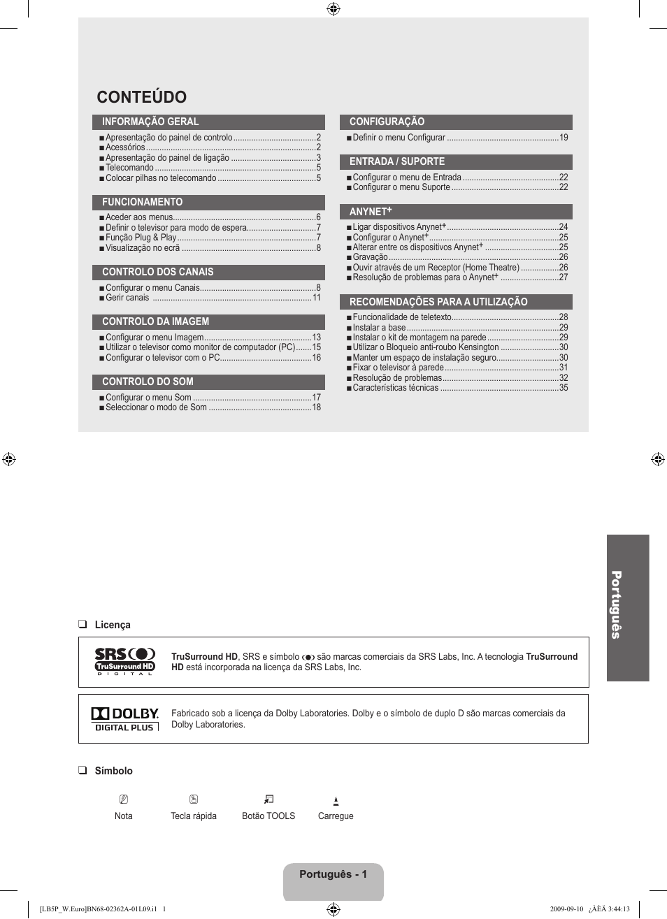 Conteúdo, Por tuguês | Samsung LE46B530P7W User Manual | Page 221 / 336