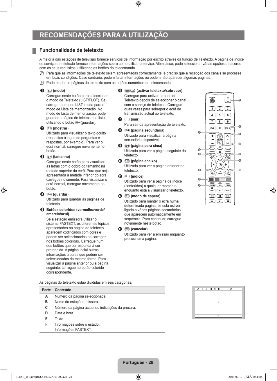 Recomendações para a utilização, Funcionalidade de teletexto | Samsung LE46B530P7W User Manual | Page 248 / 336