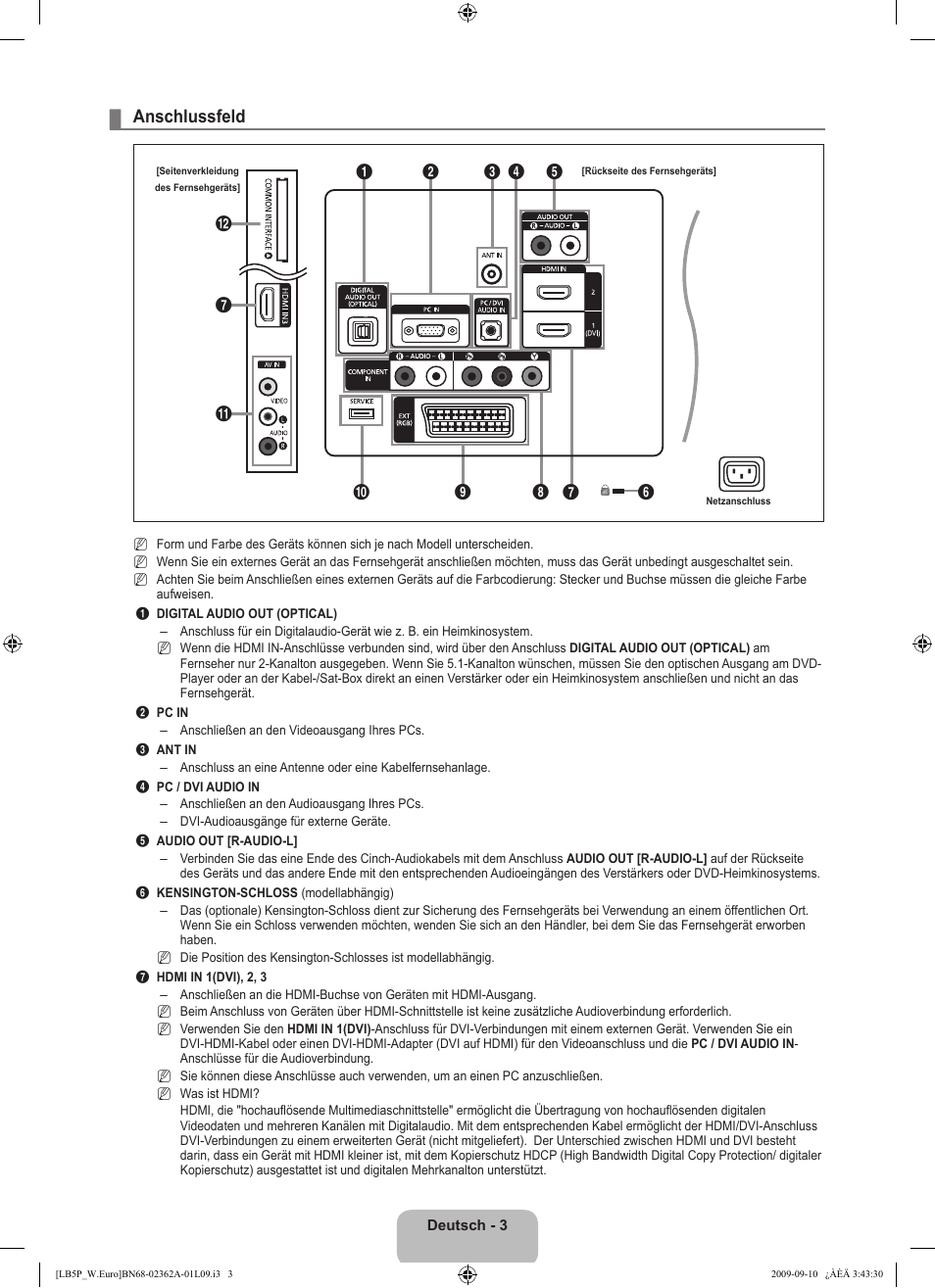 Anschlussfeld | Samsung LE46B530P7W User Manual | Page 77 / 336