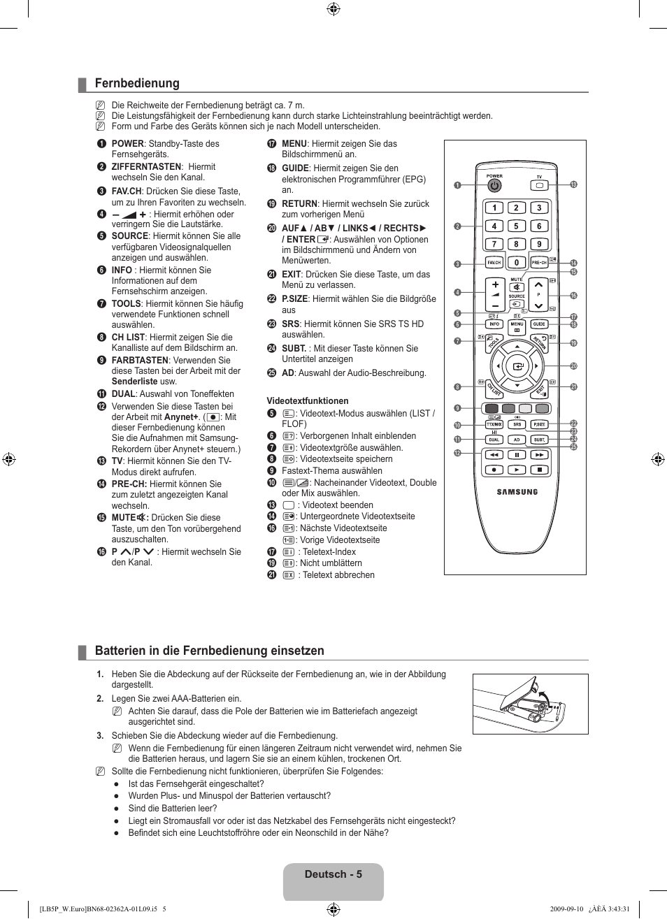 Fernbedienung, Batterien in die fernbedienung einsetzen | Samsung LE46B530P7W User Manual | Page 79 / 336