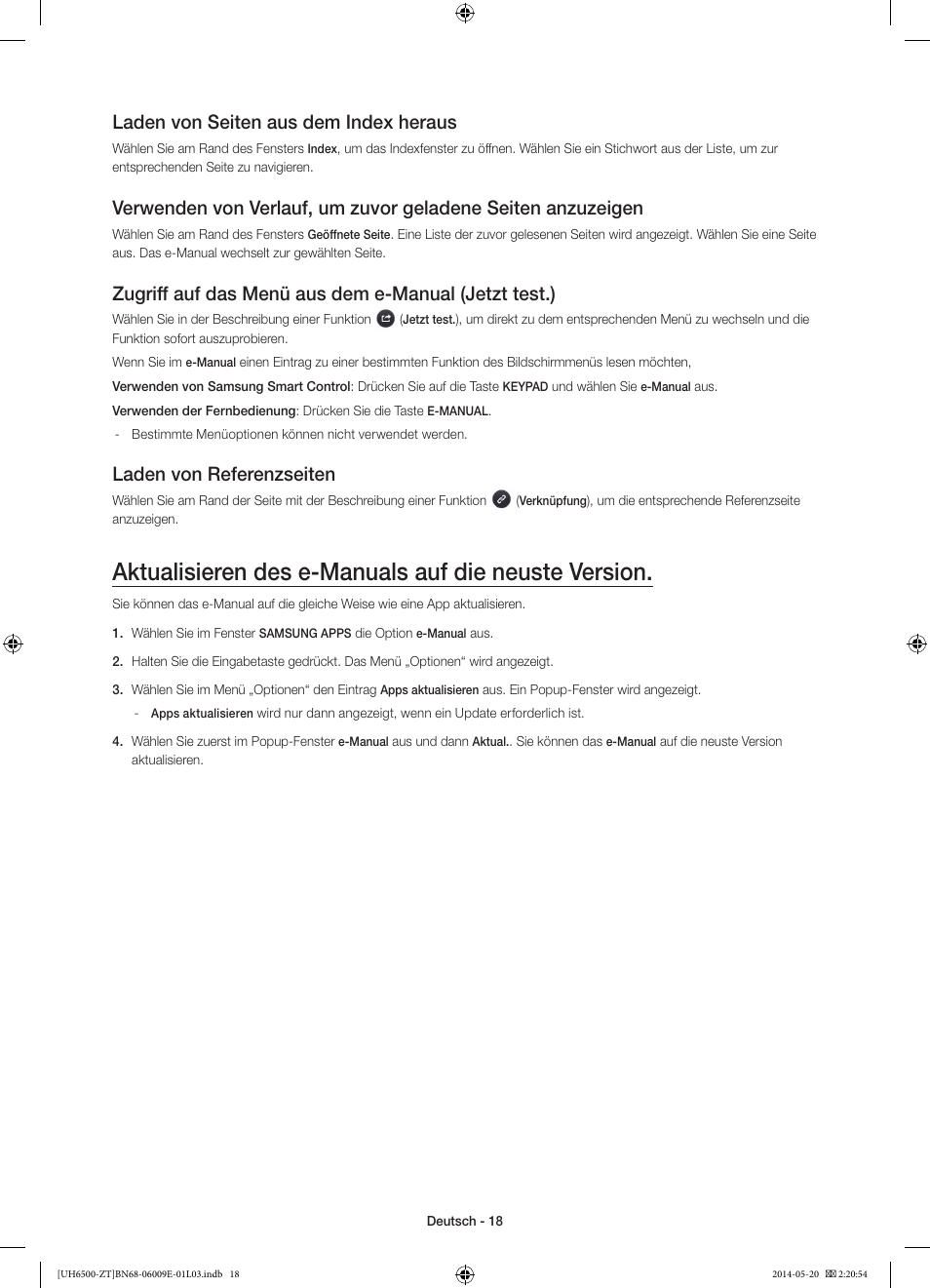 Aktualisieren des e-manuals auf die neuste version, Laden von seiten aus dem index heraus, Laden von referenzseiten | Samsung UE55H6500SZ User Manual | Page 65 / 71