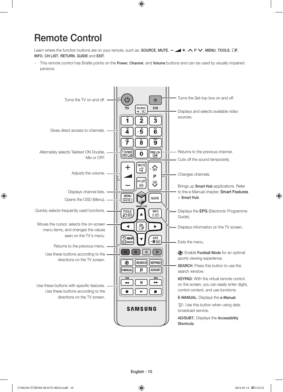 Remote control | Samsung UE32H6200AY User Manual | Page 10 / 61