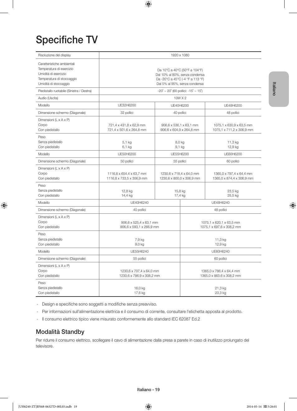 Specifiche tv, Modalità standby | Samsung UE32H6200AY User Manual | Page 39 / 61