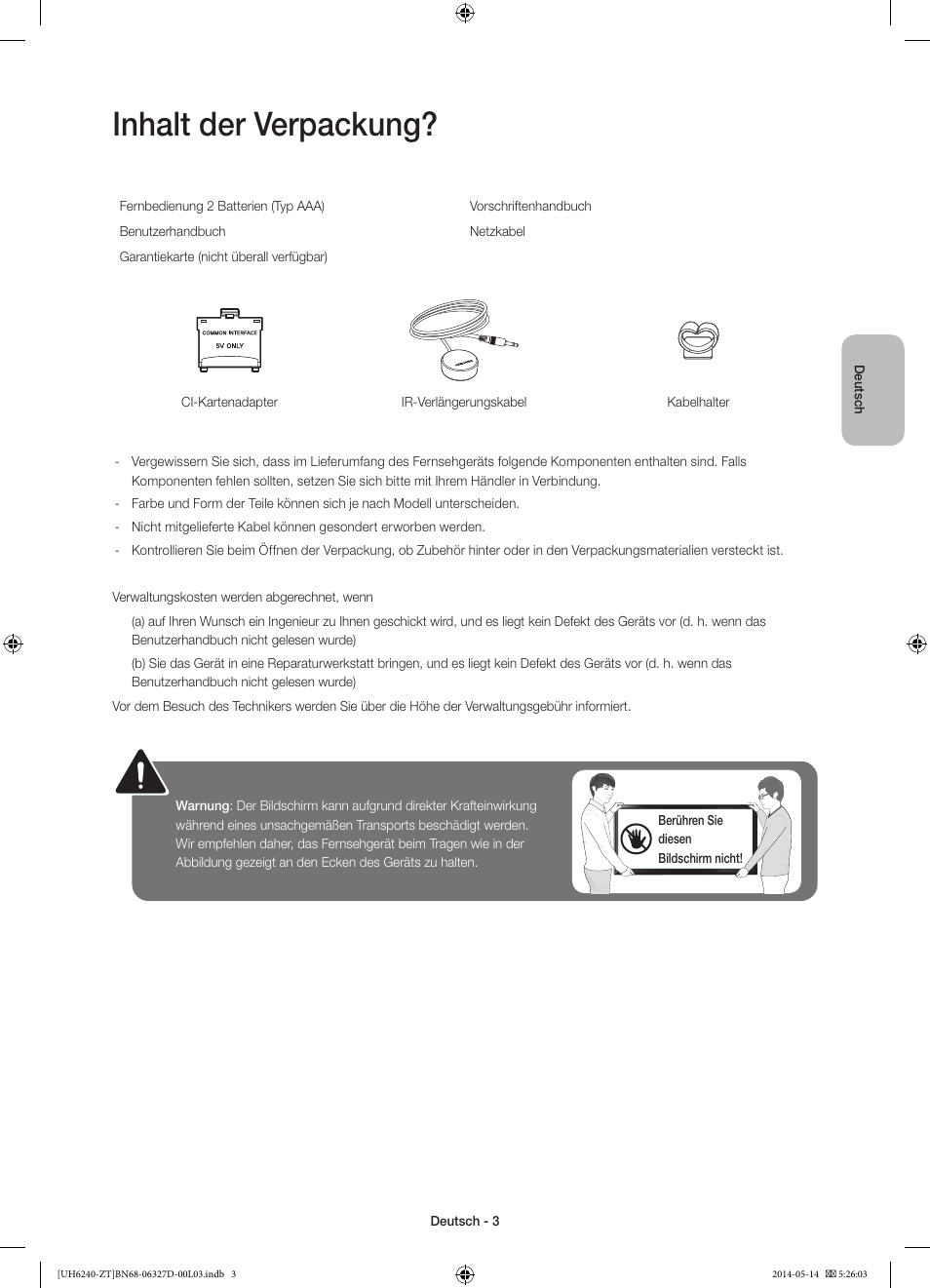 Inhalt der verpackung | Samsung UE32H6200AY User Manual | Page 43 / 61