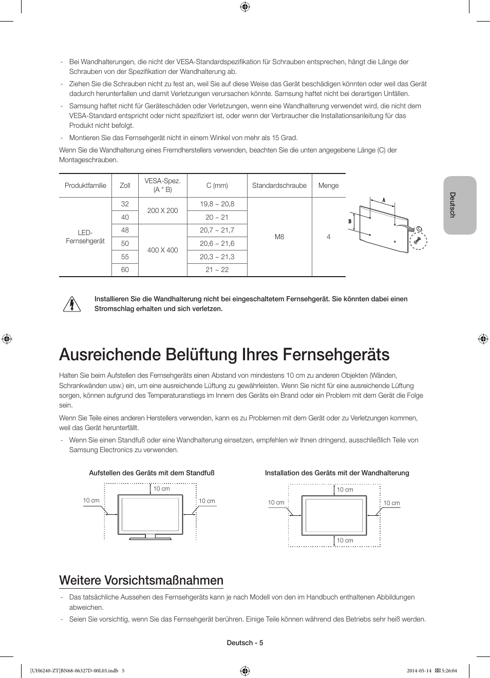 Ausreichende belüftung ihres fernsehgeräts, Weitere vorsichtsmaßnahmen | Samsung UE32H6200AY User Manual | Page 45 / 61
