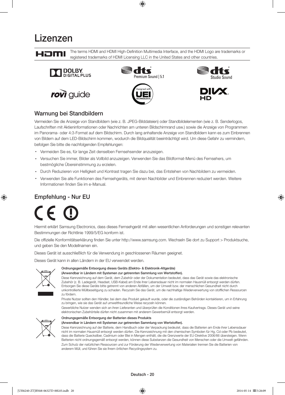 Lizenzen, Warnung bei standbildern, Empfehlung - nur eu | Samsung UE32H6200AY User Manual | Page 60 / 61
