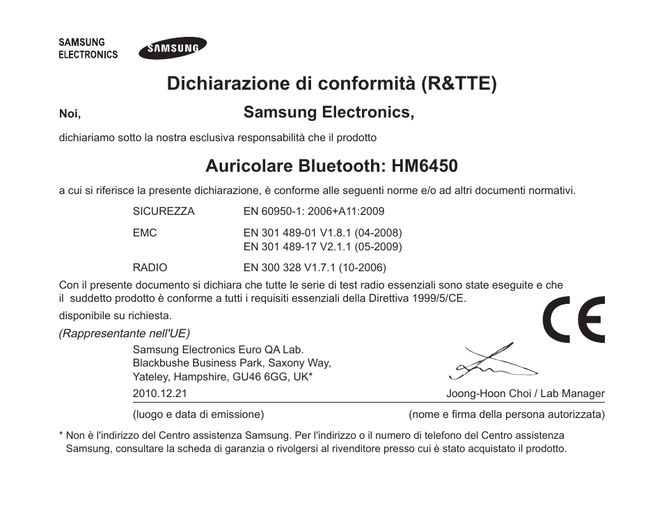 Dichiarazione di conformità (r&tte), Auricolare bluetooth: hm6450, Samsung electronics | Samsung HM6450 User Manual | Page 114 / 195