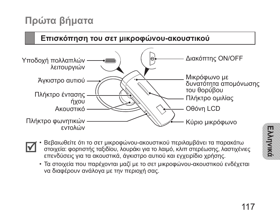 Πρώτα βήματα, Επισκόπηση του σετ μικροφώνου-ακουστικού | Samsung HM6450 User Manual | Page 119 / 195