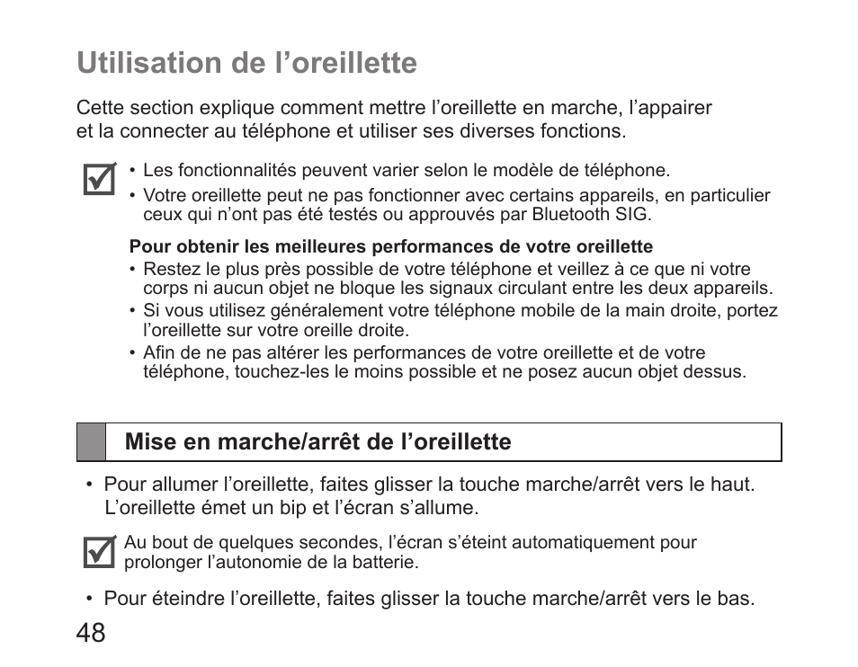 Utilisation de l’oreillette, Mise en marche/arrêt de l’oreillette | Samsung HM6450 User Manual | Page 50 / 195