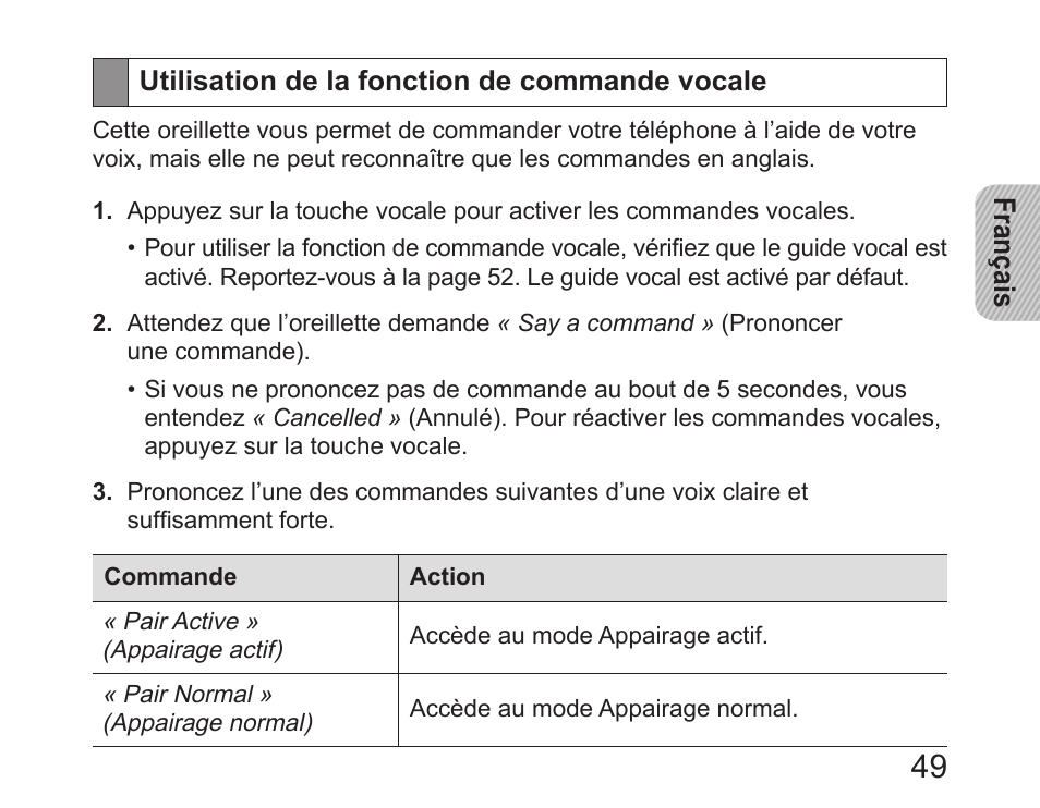 Utilisation de la fonction de commande vocale | Samsung HM6450 User Manual | Page 51 / 195