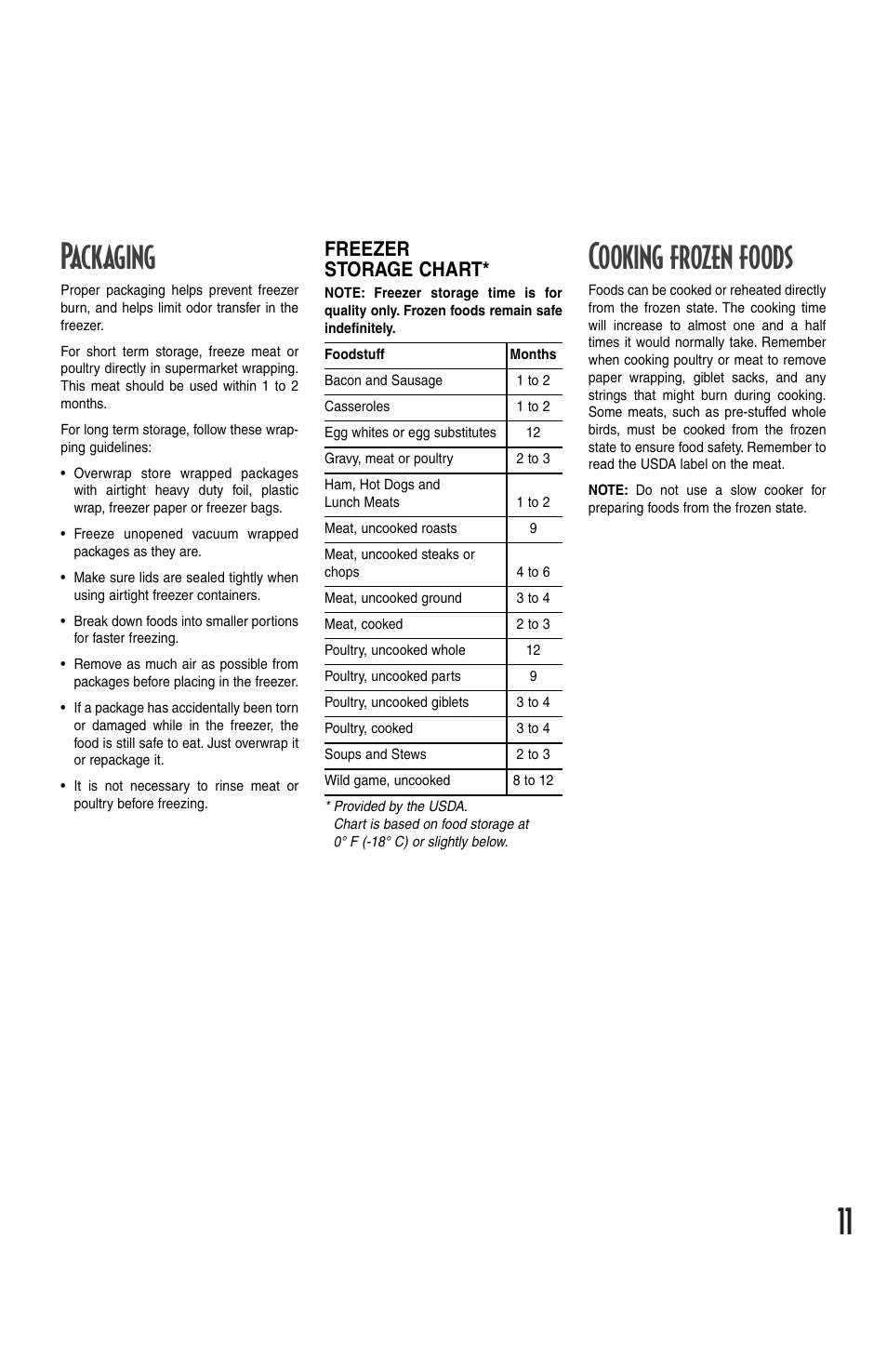 11 packaging, Cooking frozen foods, Freezer storage chart | Amana Deepfreeze Chest Freezer User Manual | Page 11 / 48
