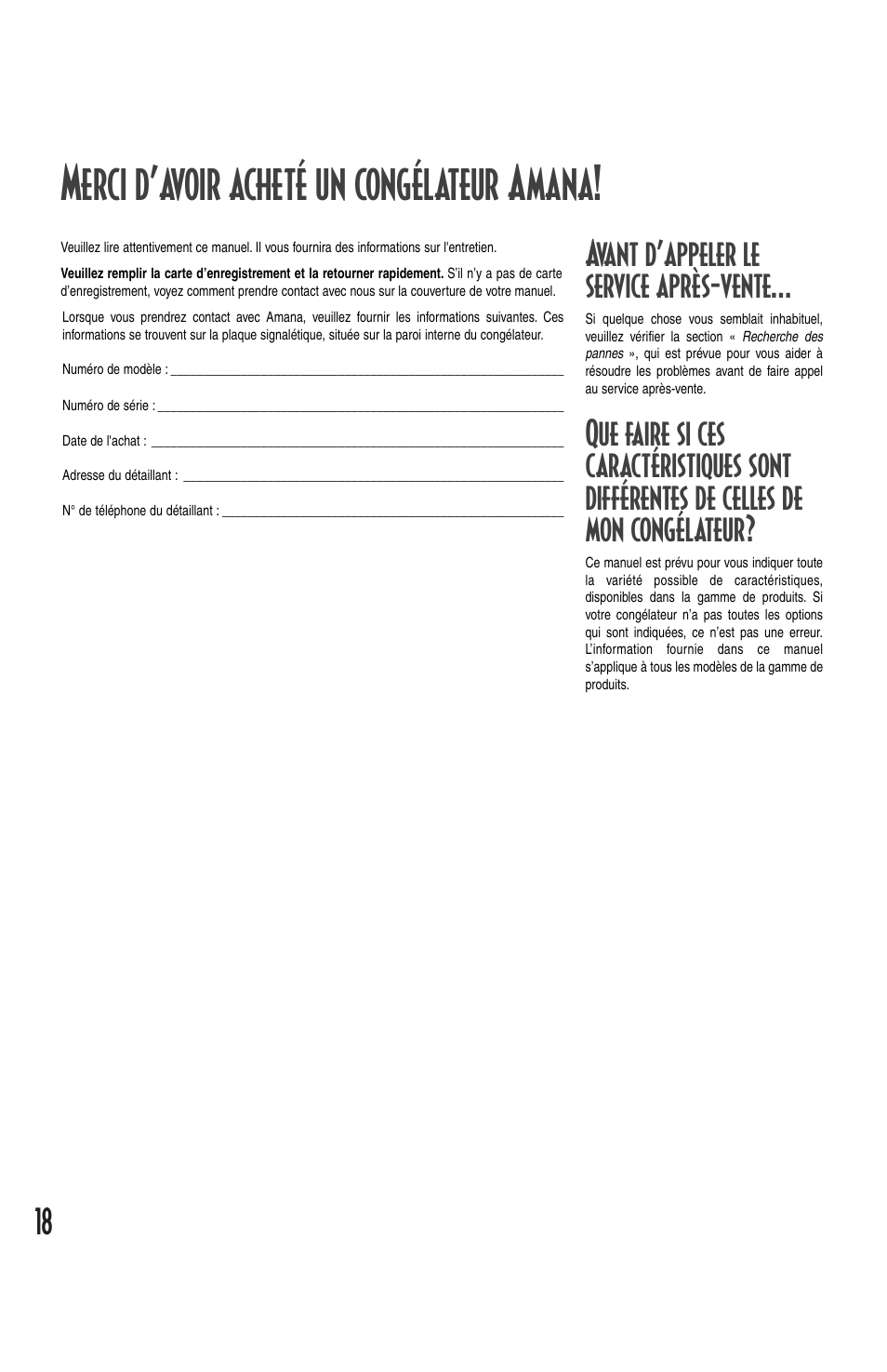Merci d’avoir acheté un congélateur amana, Avant d’appeler le service après-vente | Amana Deepfreeze Chest Freezer User Manual | Page 18 / 48
