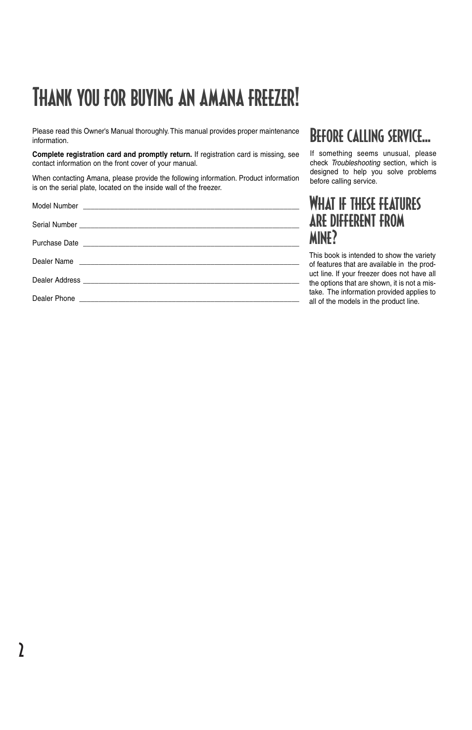 Before calling service, What if these features are different from mine | Amana Deepfreeze Chest Freezer User Manual | Page 2 / 48