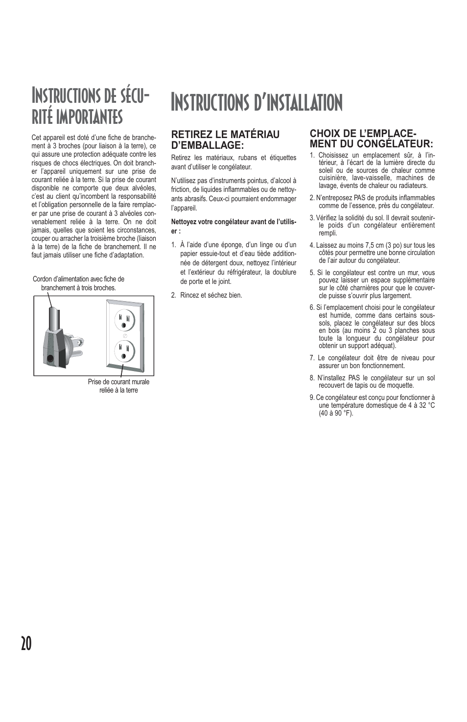 Instructions d’installation, Instructions de sécu- rité importantes | Amana Deepfreeze Chest Freezer User Manual | Page 20 / 48