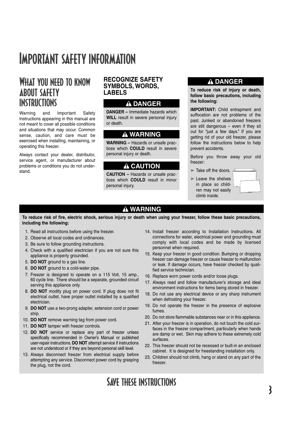 Important safety information, What you need to know about safety instructions, Save these instructions | Amana Deepfreeze Chest Freezer User Manual | Page 3 / 48