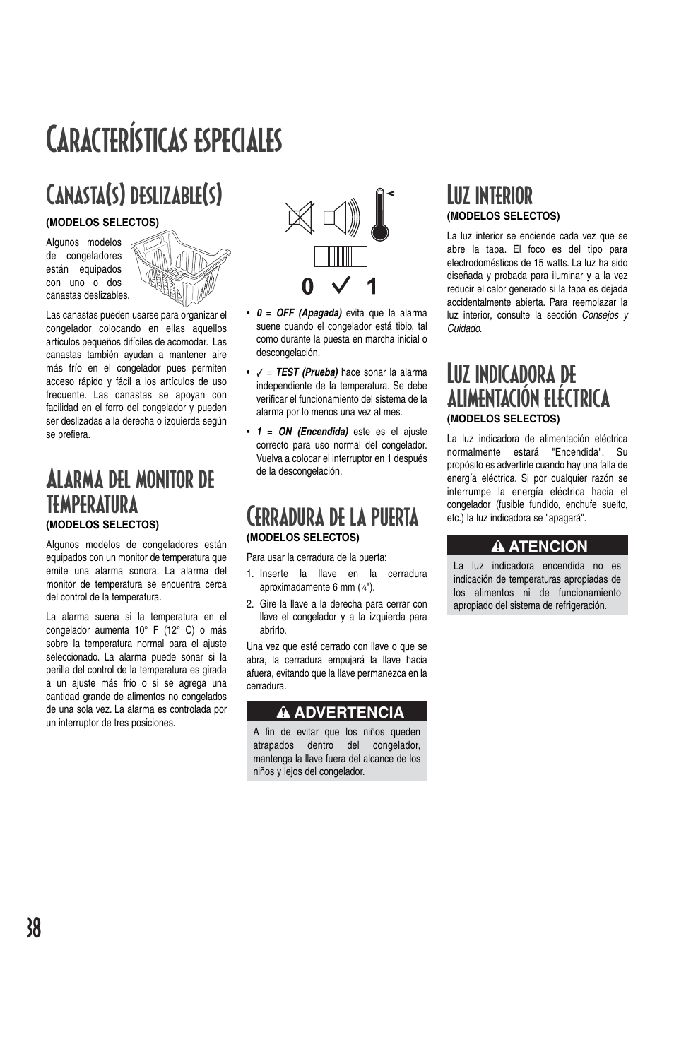 Características especiales, Luz interior, Luz indicadora de alimentación eléctrica | Cerradura de la puerta, Canasta(s) deslizable(s), Alarma del monitor de temperatura | Amana Deepfreeze Chest Freezer User Manual | Page 38 / 48