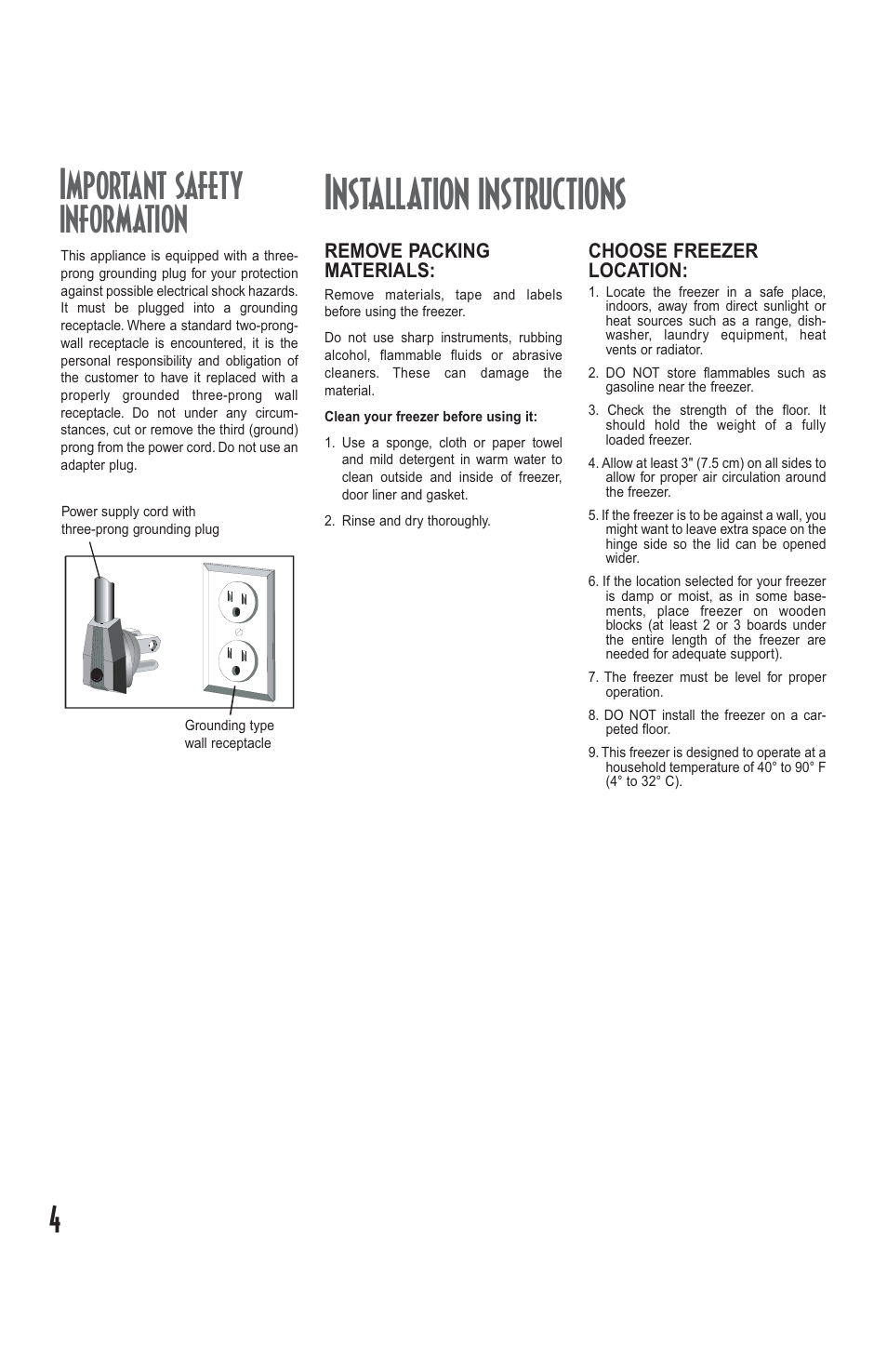 Installation instructions, Important safety information | Amana Deepfreeze Chest Freezer User Manual | Page 4 / 48