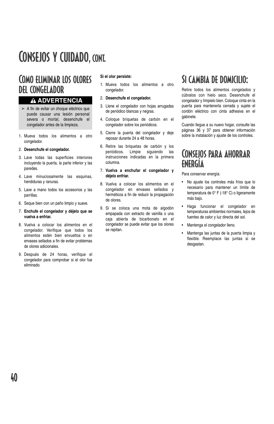 Consejos y cuidado, Cont. como eliminar los olores del congelador, Si cambia de domicilio | Consejos para ahorrar energía | Amana Deepfreeze Chest Freezer User Manual | Page 40 / 48