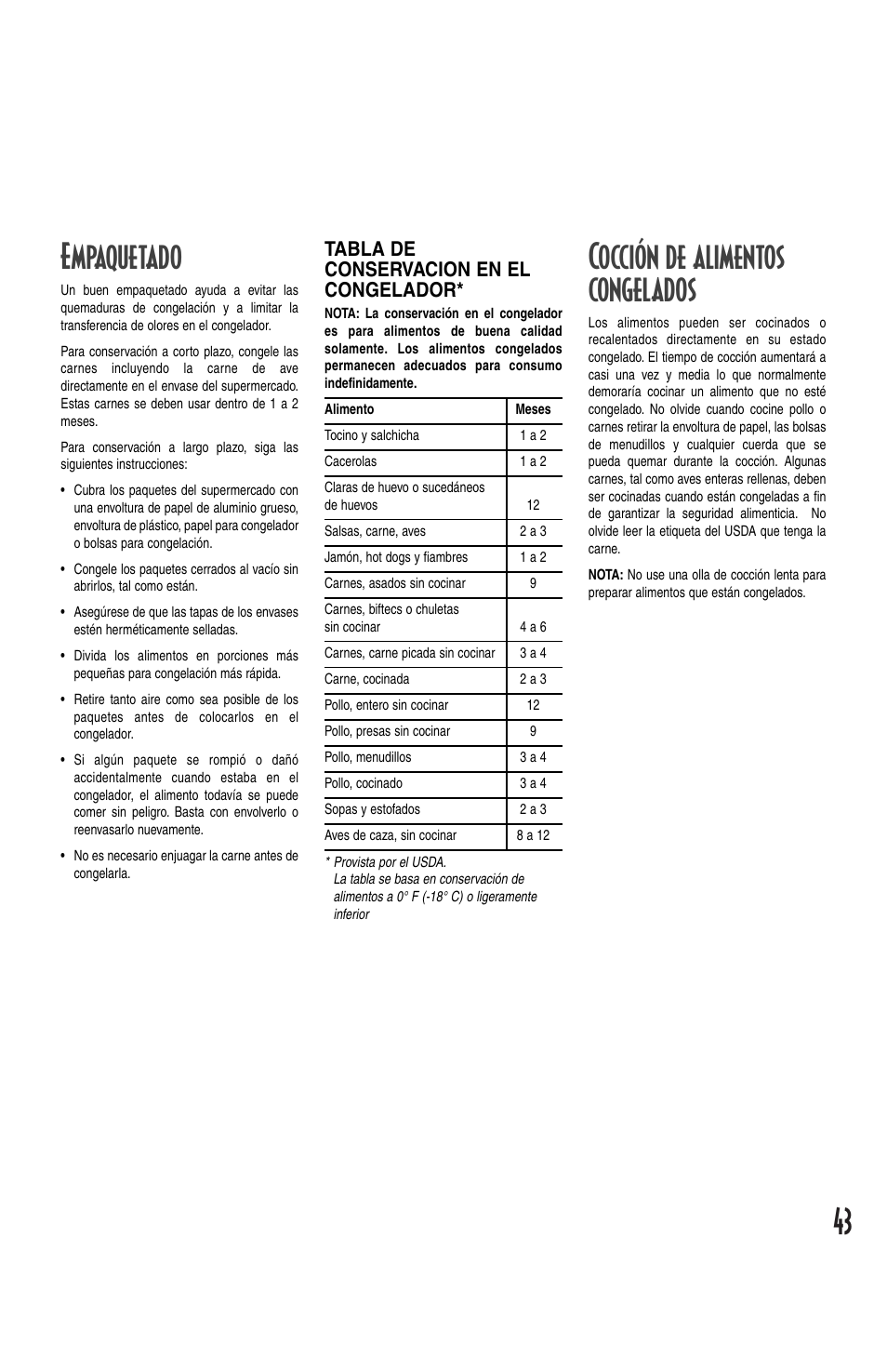 43 empaquetado, Cocción de alimentos congelados, Tabla de conservacion en el congelador | Amana Deepfreeze Chest Freezer User Manual | Page 43 / 48