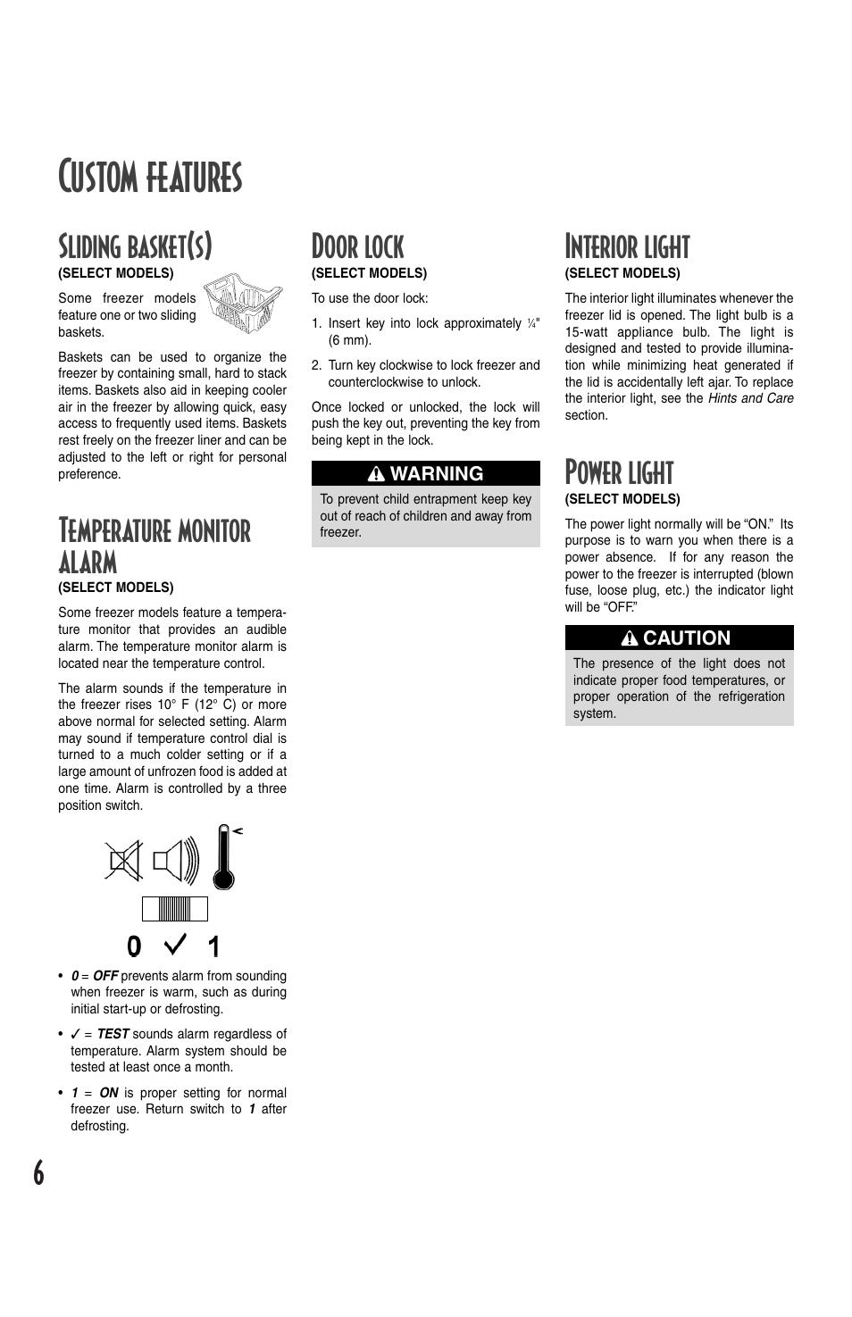 Custom features, Sliding basket(s), Temperature monitor alarm | Interior light, Power light, Door lock | Amana Deepfreeze Chest Freezer User Manual | Page 6 / 48