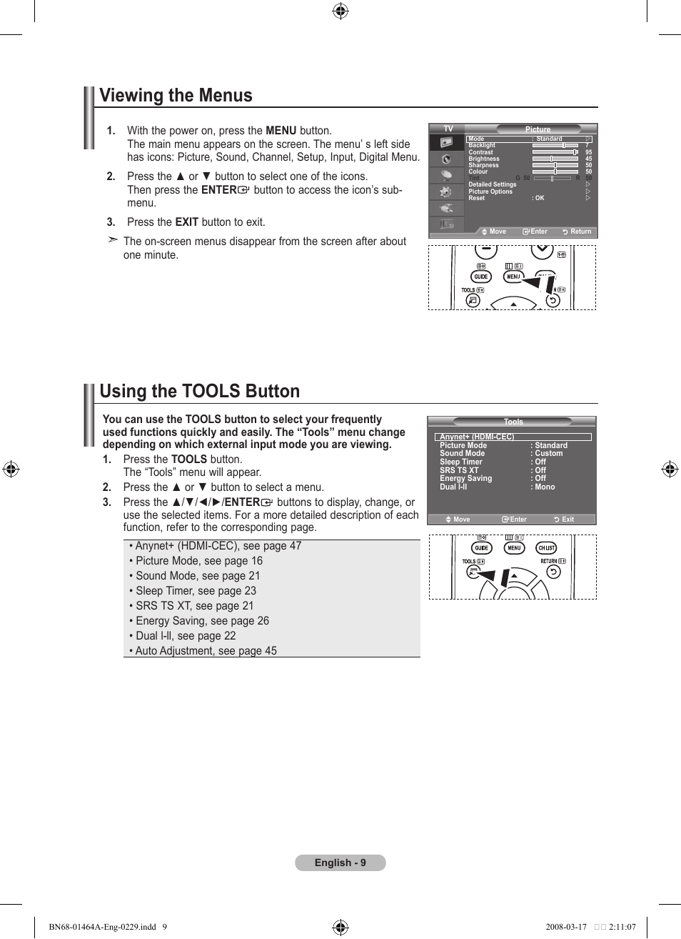 Viewing the menus, Using the tools button, Viewing the menus using the tools button | Samsung LE32A436T1D User Manual | Page 11 / 468