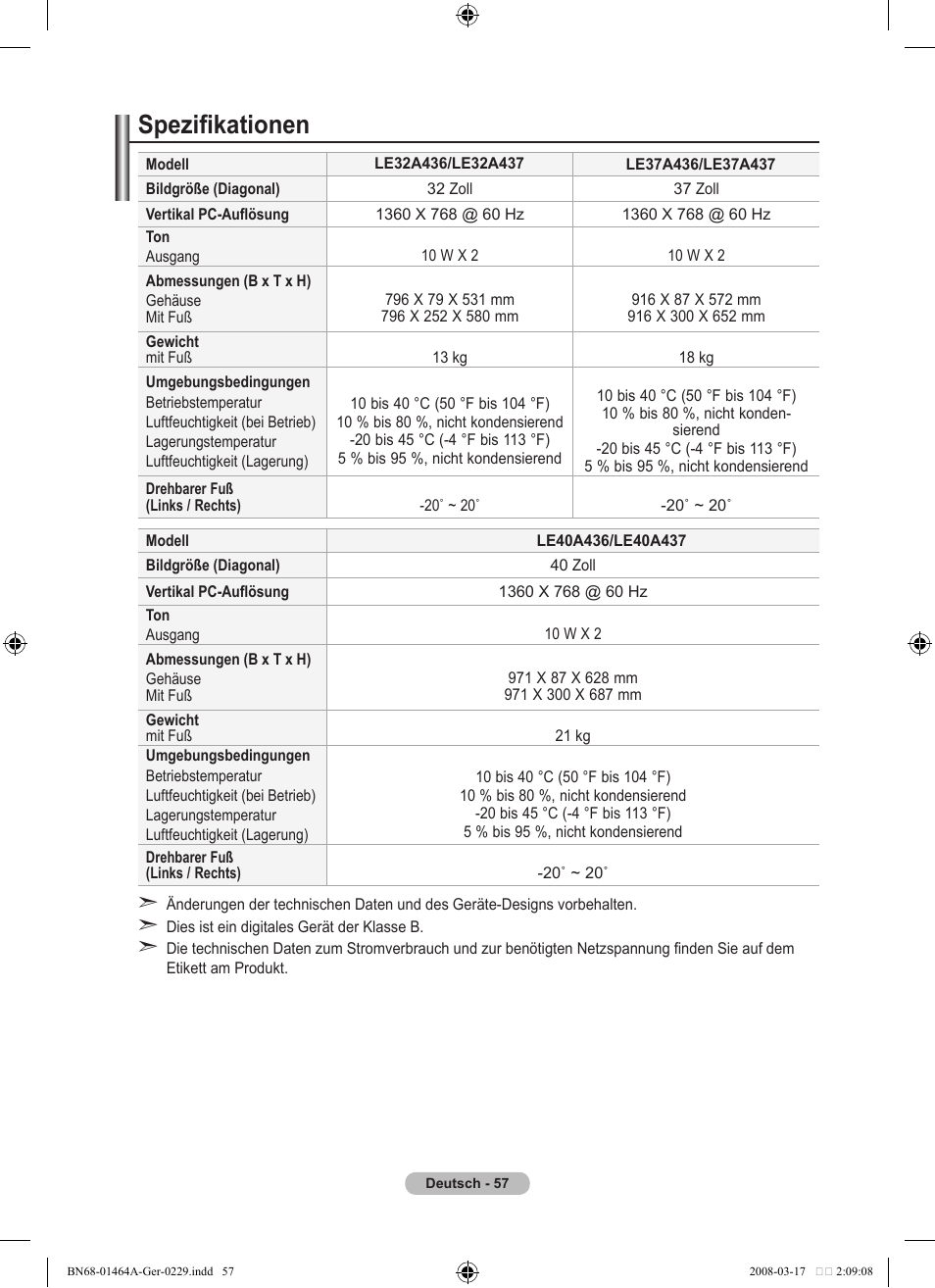Spezifikationen | Samsung LE32A436T1D User Manual | Page 175 / 468