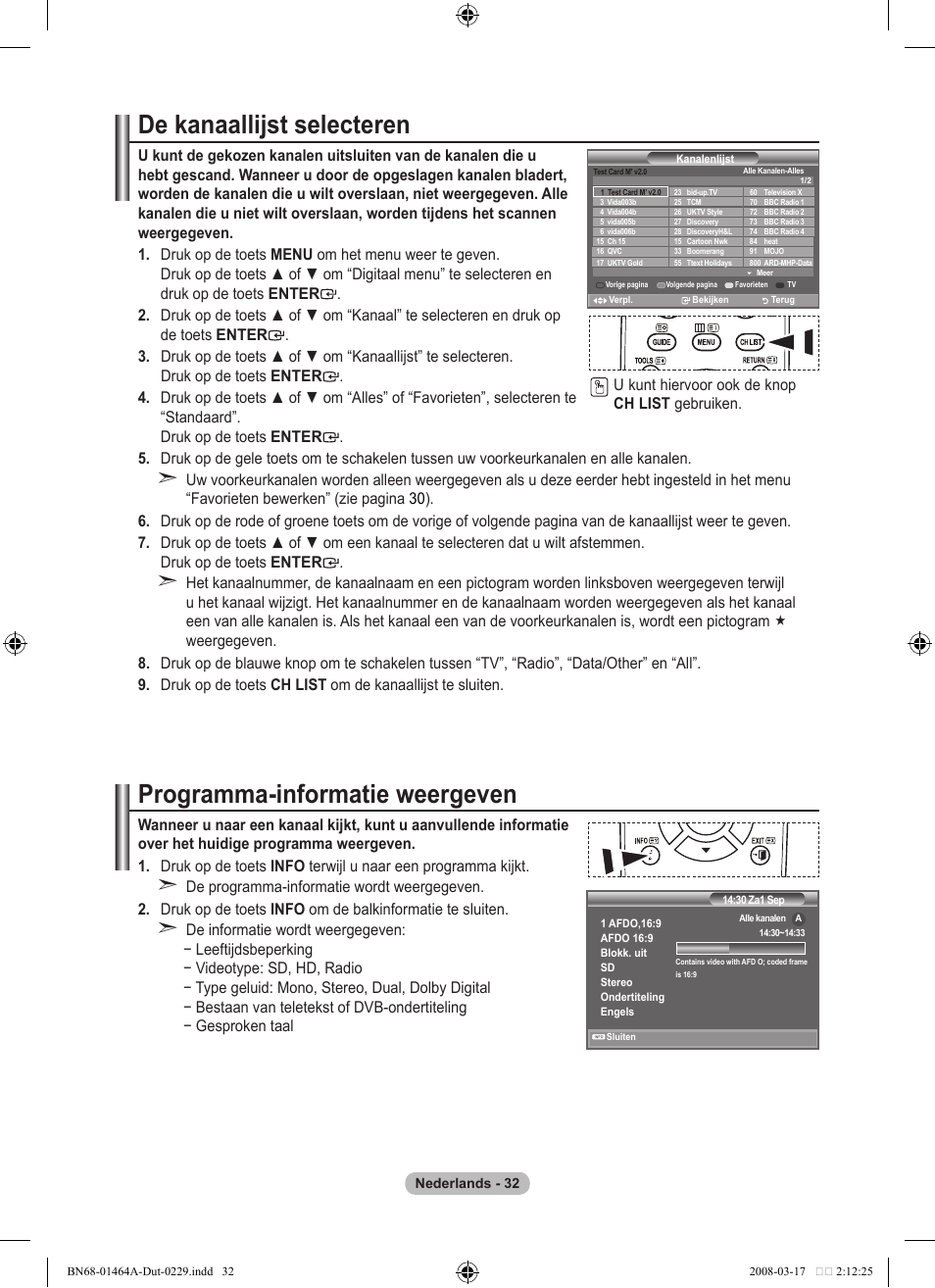 De kanaallijst selecteren, Programma-informatie weergeven | Samsung LE32A436T1D User Manual | Page 208 / 468