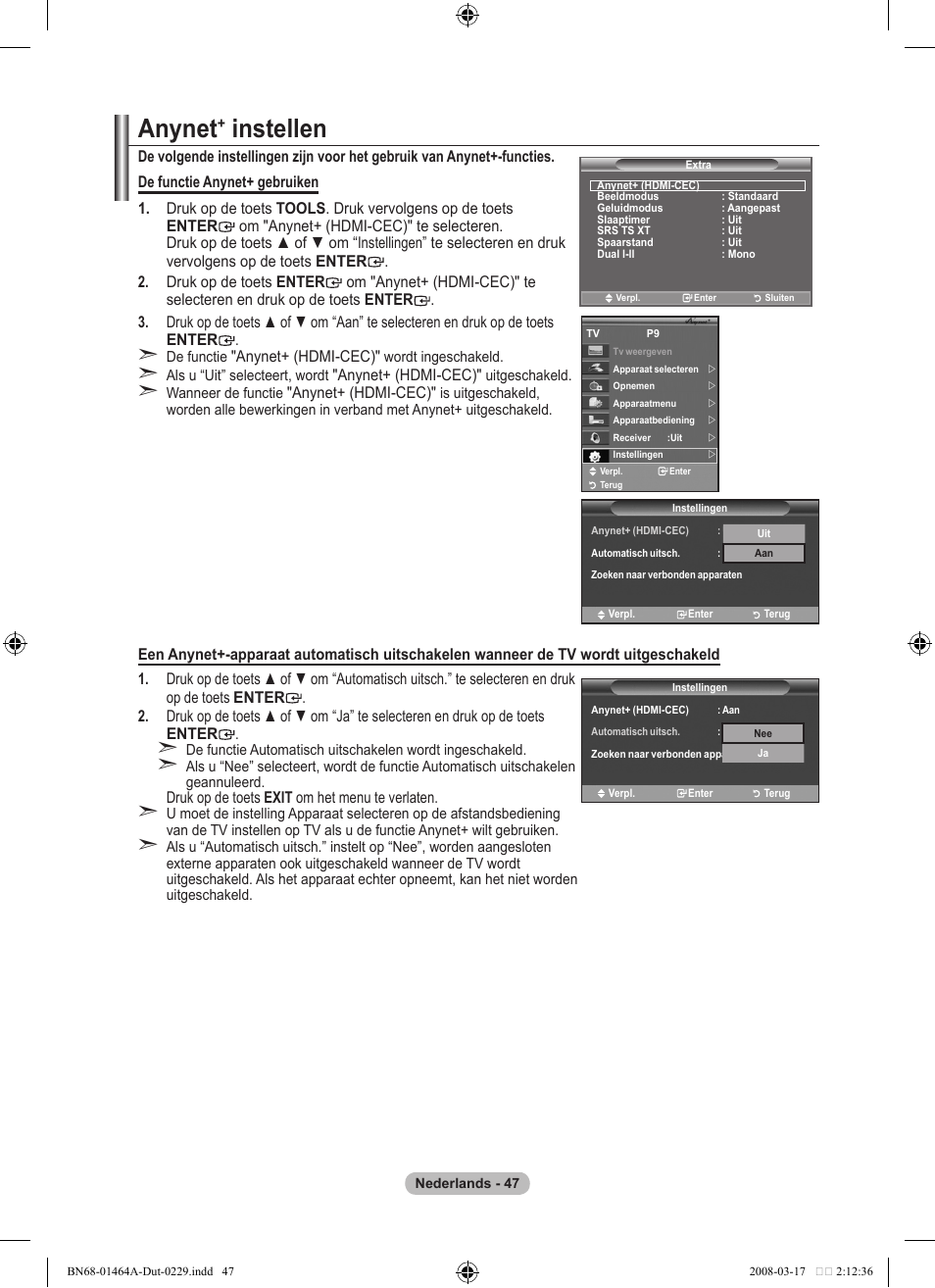 Anynet, Instellen | Samsung LE32A436T1D User Manual | Page 223 / 468