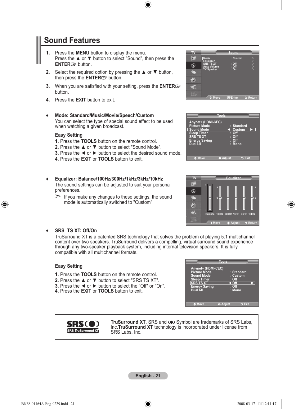 Setting the sound, Sound features | Samsung LE32A436T1D User Manual | Page 23 / 468