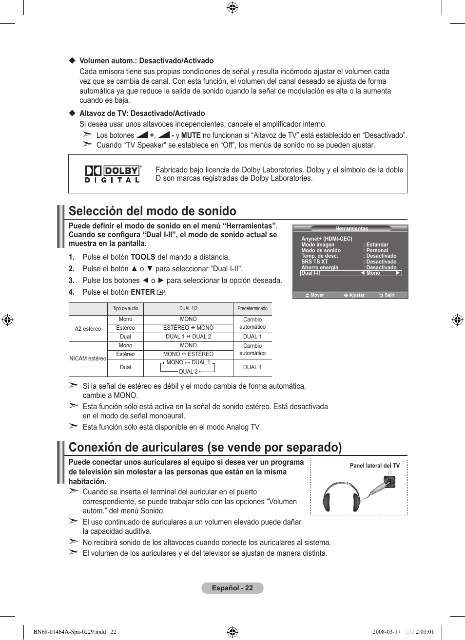 Selección del modo de sonido, Conexión de auriculares (se vende por separado) | Samsung LE32A436T1D User Manual | Page 316 / 468